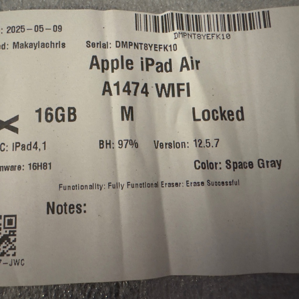 Apple iPad Air A1474 16GB LOCKED Space Gray. 9” X 6.5”